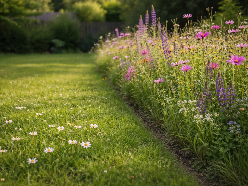 Bloemrijk gazon met madeliefjes naast een strook meerjarige bloemen in een rustige tuin