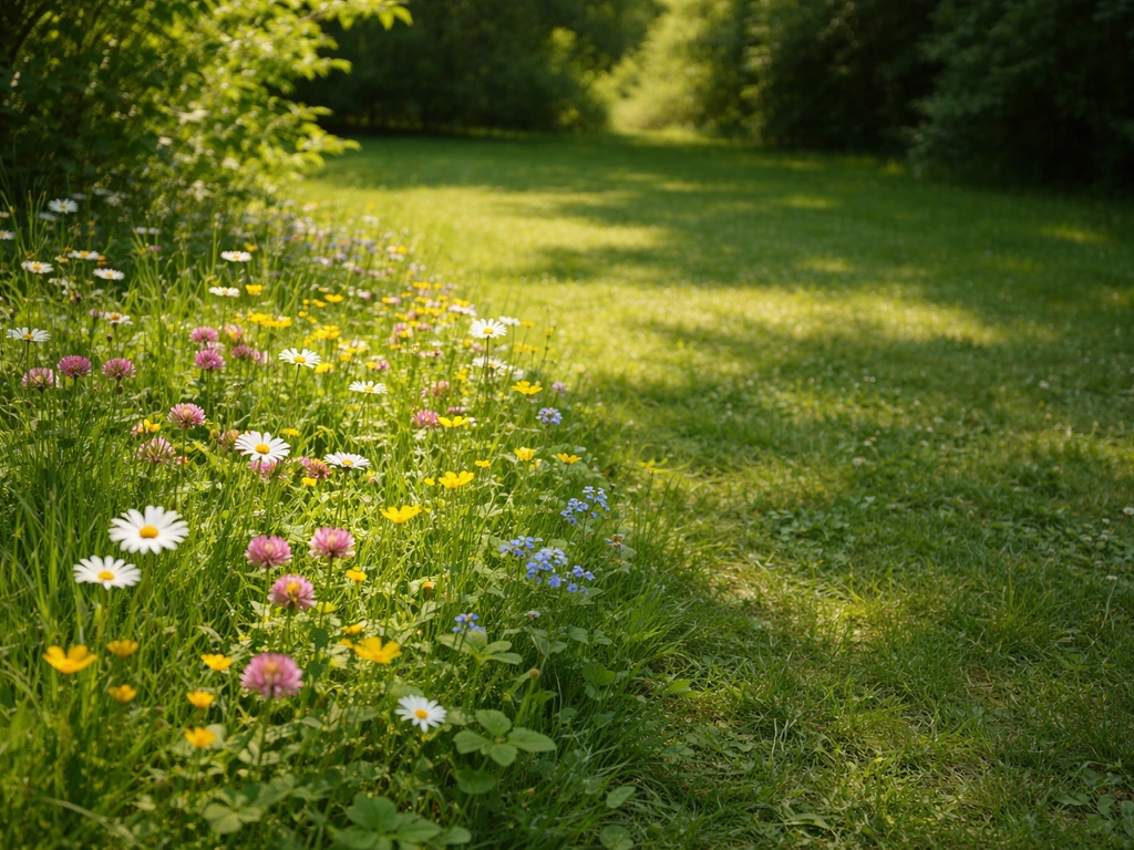 Tuinperk met bloemrijke planten in zonnige plek en een donkerder hoek in lichte halfschaduw