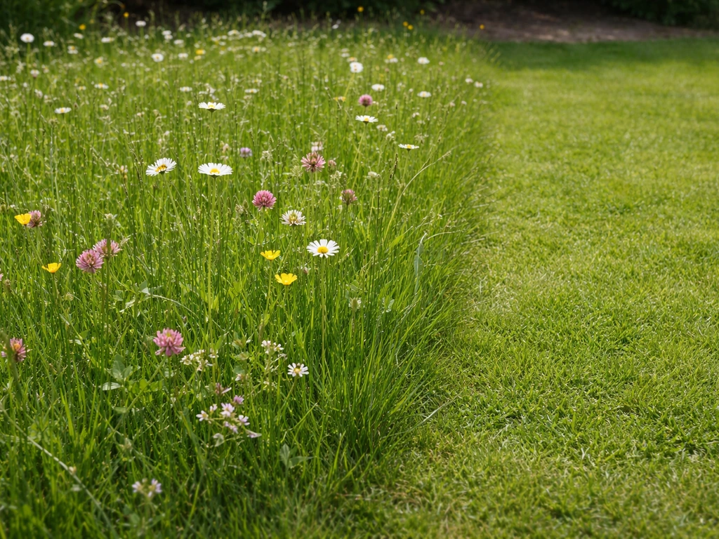 Bloemrijk siergazon in de tuin met gras op ±10 cm en zichtbare bloei, naast een te kort gemaaid stuk.