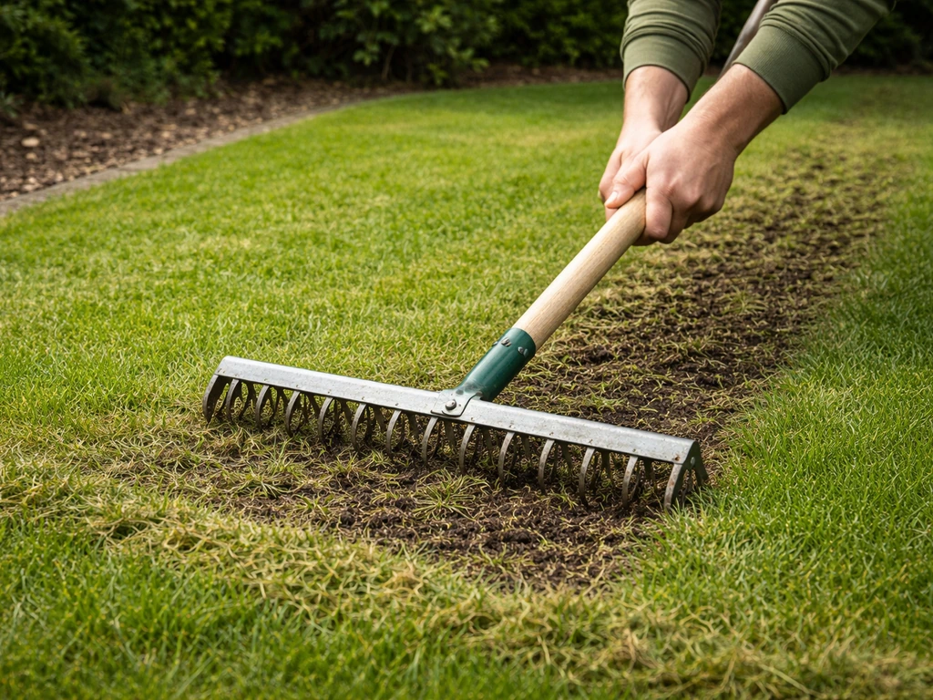 Tuinier verticuteert een bestaand gazon met een harkje, daarna ligt er open zaadbed klaar voor bijzaaien.
