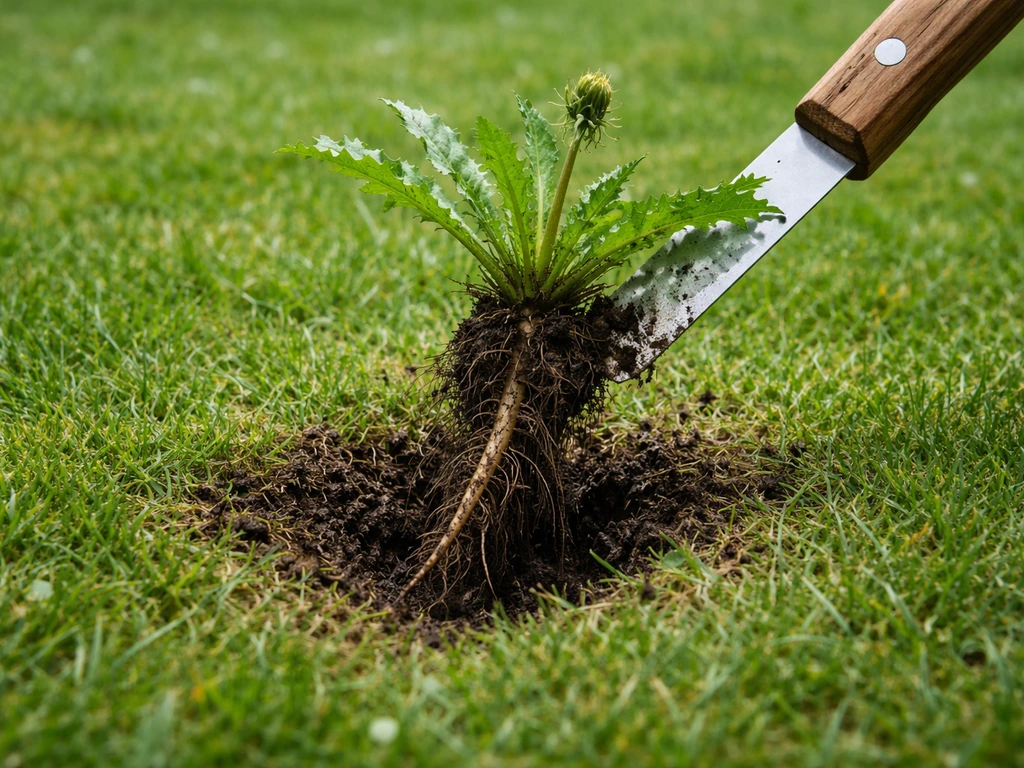 Close-up van een onkruidplant die uit het gazon wordt gestoken met een onkruidkrabber, wortel intact.