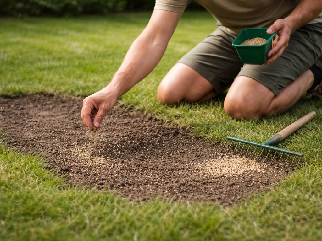 Tuinman doorzaait kale plekken in het gazon en veegt licht zaad in voor herstel