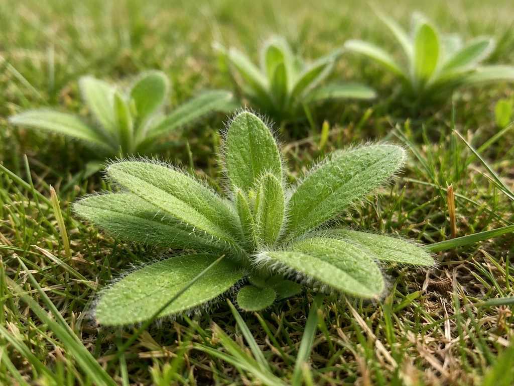 Close-up van harig vingergras in een Nederlands gazon, met zichtbare beharing en bladrozet.