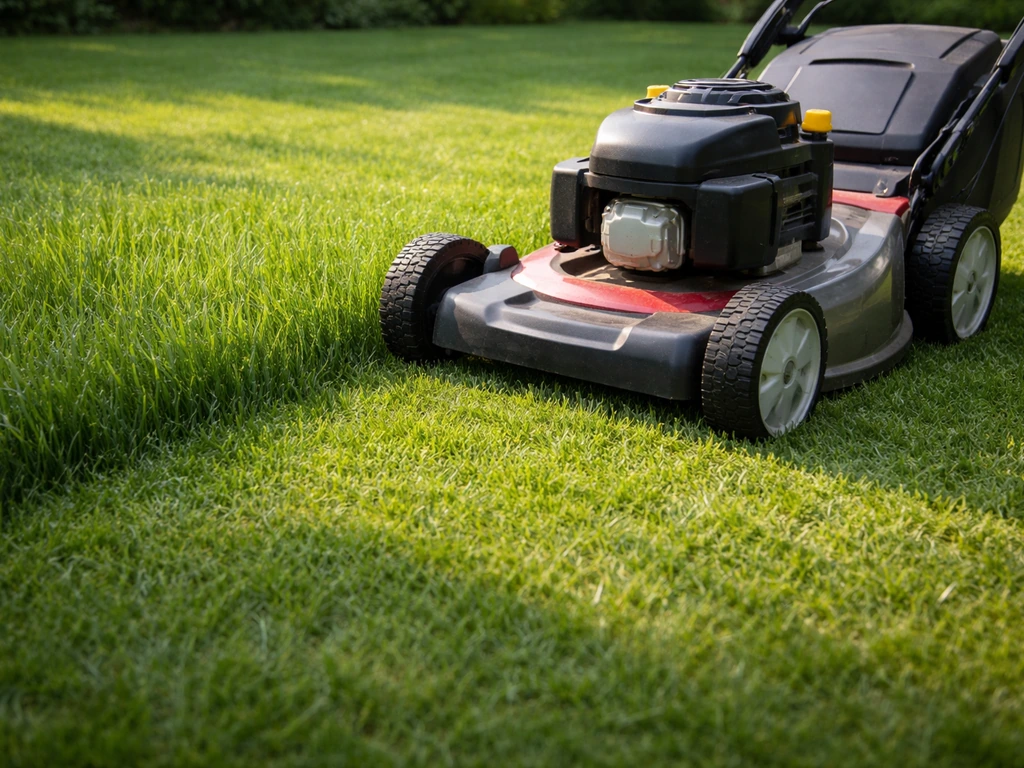 Grasmaaier op hogere stand maait 4–5 cm gras, met zicht op langere pollen en schaduw op de bodem.