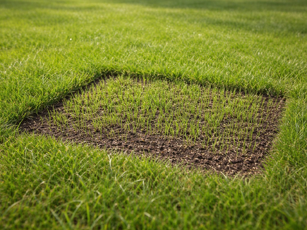 Close-up van een herstelde kale plek in het gazon met net ingewerkt graszaad en fris groen wordende sprieten.