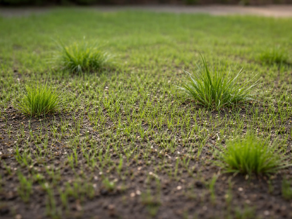 Close-up van graspolletjes met ander blad tussen ingezaaid gazon, waardoor “wild gras” herkenbaar wordt