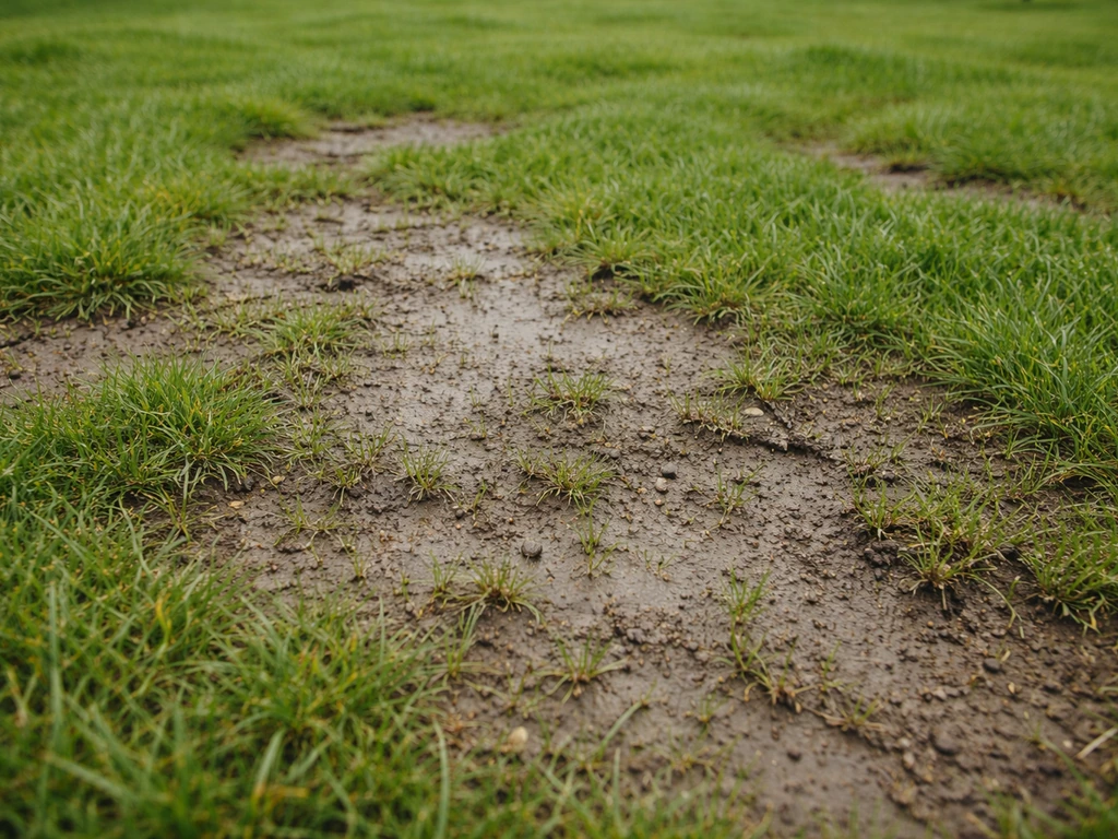 Nieuw gazon met kale plekken en ongelijk natte stroken waar wild gras opkomt.