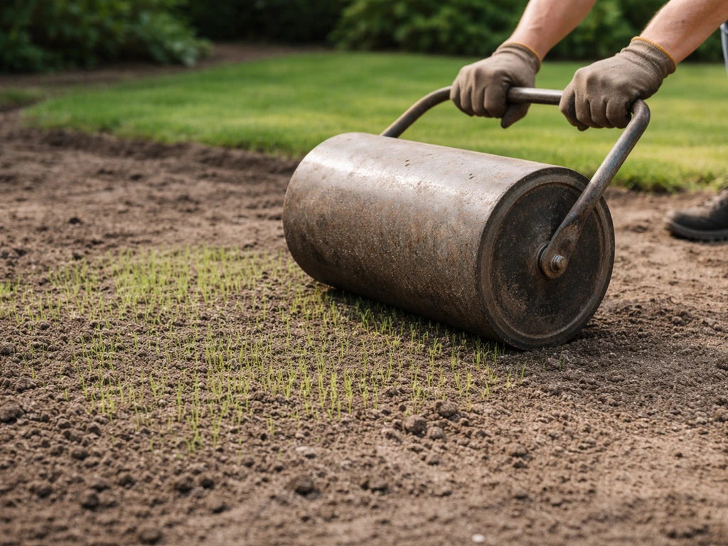 Handen die een tuinrol over een doorzaaide kale plek rollen, met net opkomend gras.