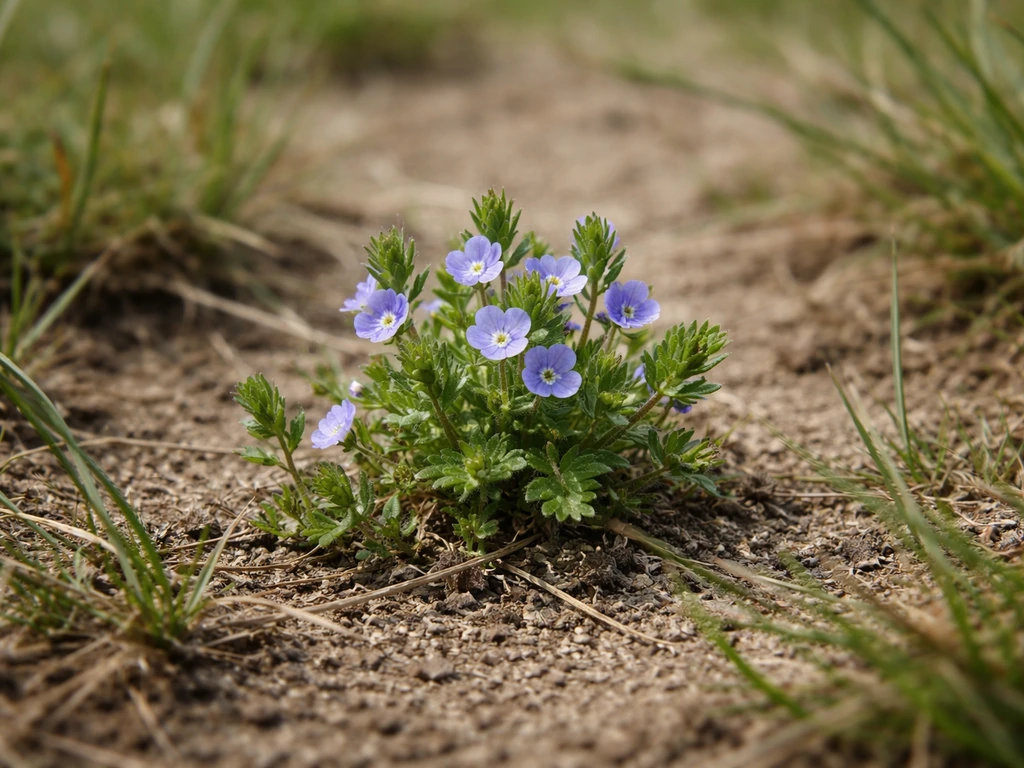 Klein plantje met lichtblauwe tot paarse bloemetjes tussen kort gras en droge aarde