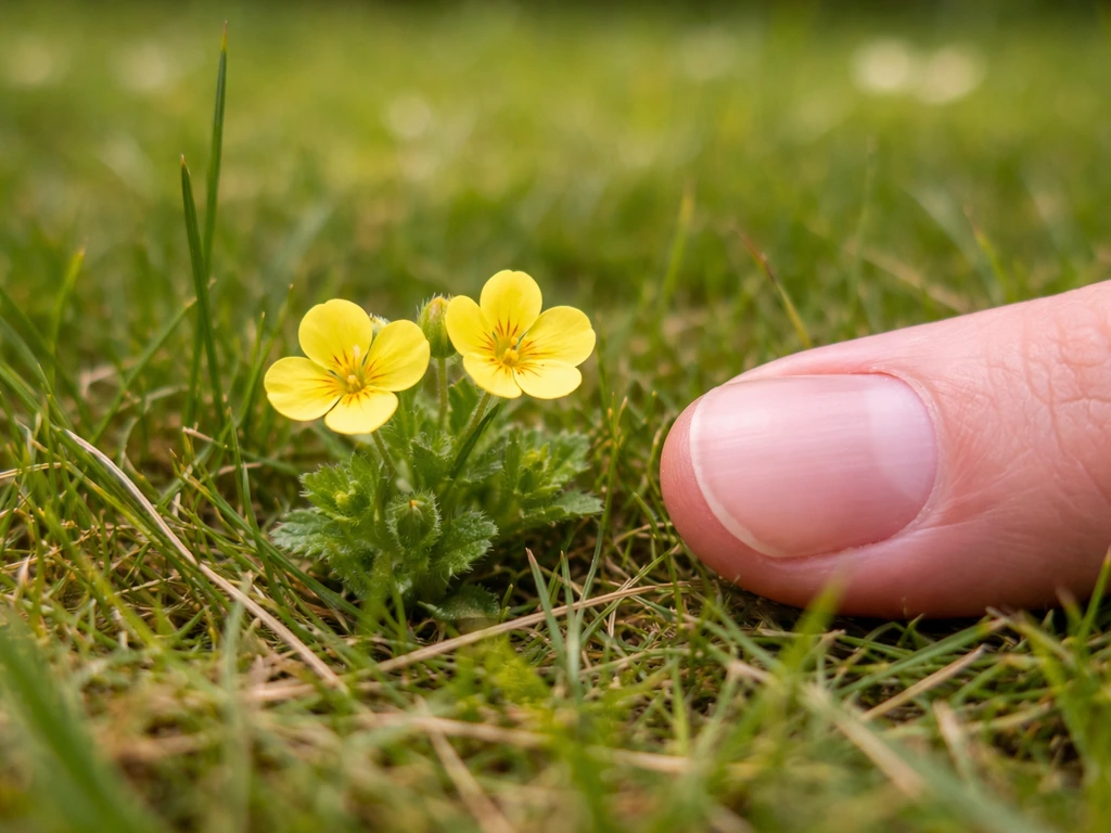 Kleine gele bloemetjes op een gazon naast een vingernagel als maatvergelijking