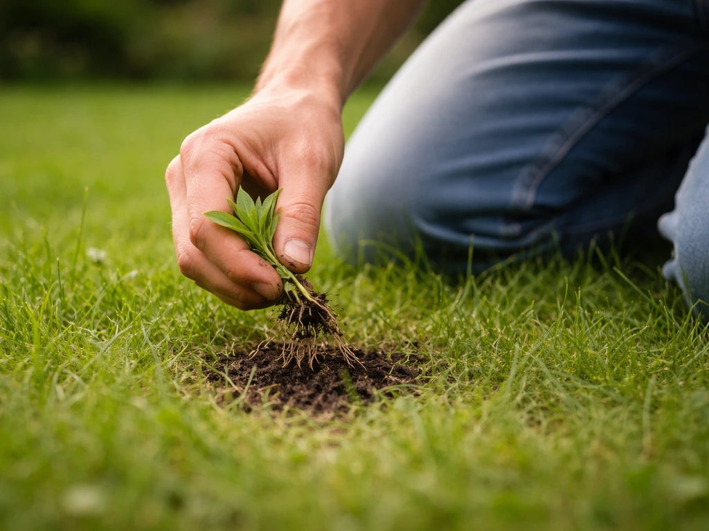 Close-up van een hand die onkruid met wortel voorzichtig uit een gazonplukje haalt, gras blijft intact.