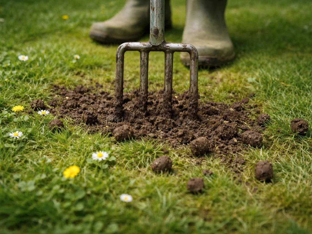 Close-up van een gazonplek met bloemetjes en zichtbare grond na het beluchten met een beluchtingsvork.