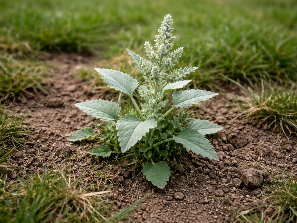 Witte, poederachtige melganzevoet tussen het gazon, met kale plekken en wat fijn gras op de achtergrond.