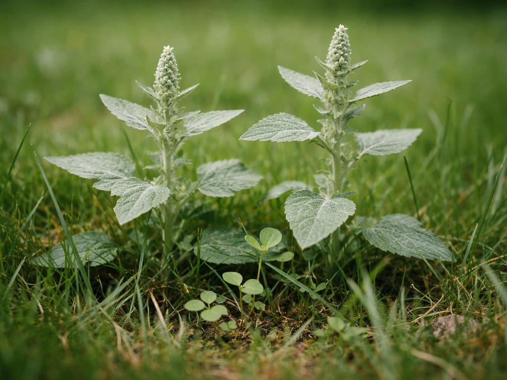 Close-up van melganzevoet in een gazon, met poederachtig witte bladeren en jonge kiemplantjes tussen het gras.