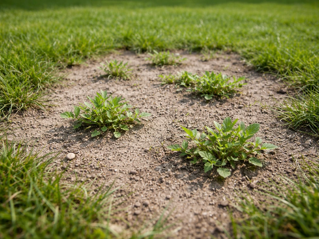 Nederlands gazon met dun gras en open zonnige plekken waar melganzevoet terug kan komen.