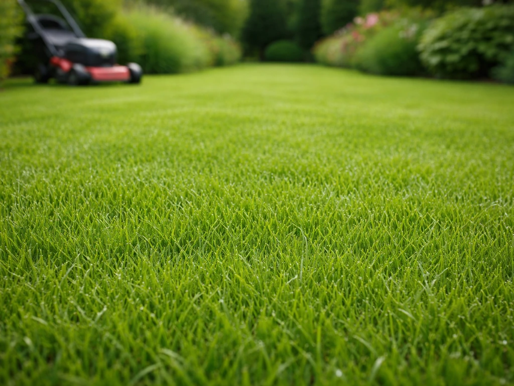 Dicht, gezond groen gazon met zichtbare maaibeurt, in natuurlijk licht na herstel