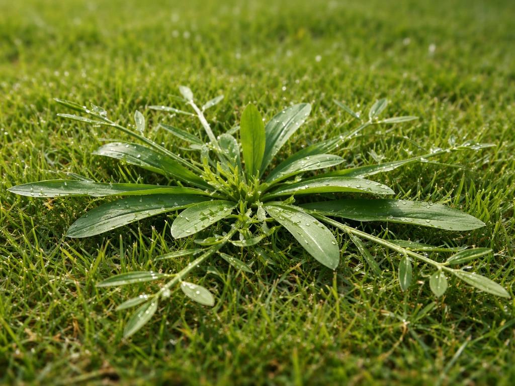 Close-up van hanenpoot in het gazon: brede bladeren en uitwaaierende zijtakjes tussen het gras.