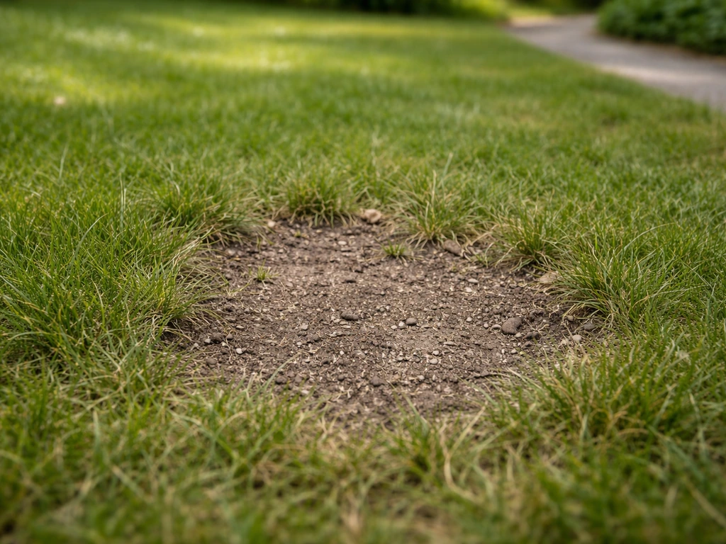 Close-up van een verdicht, kaal gazonplekje met samengeperste grond en dun gras bij een tuinpad.