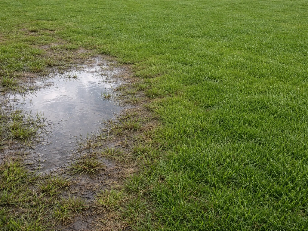 Gazon met links een waterplas na regen en rechts beter drainerende grond met dichter gras