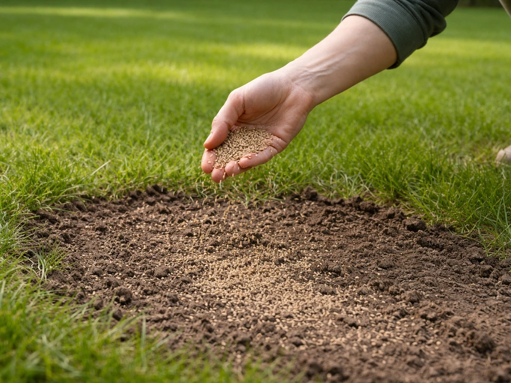 Hand strooit graszaad in een kale plek in het gazon, waarna het wordt ingeveegd voor een snelle reparatie.