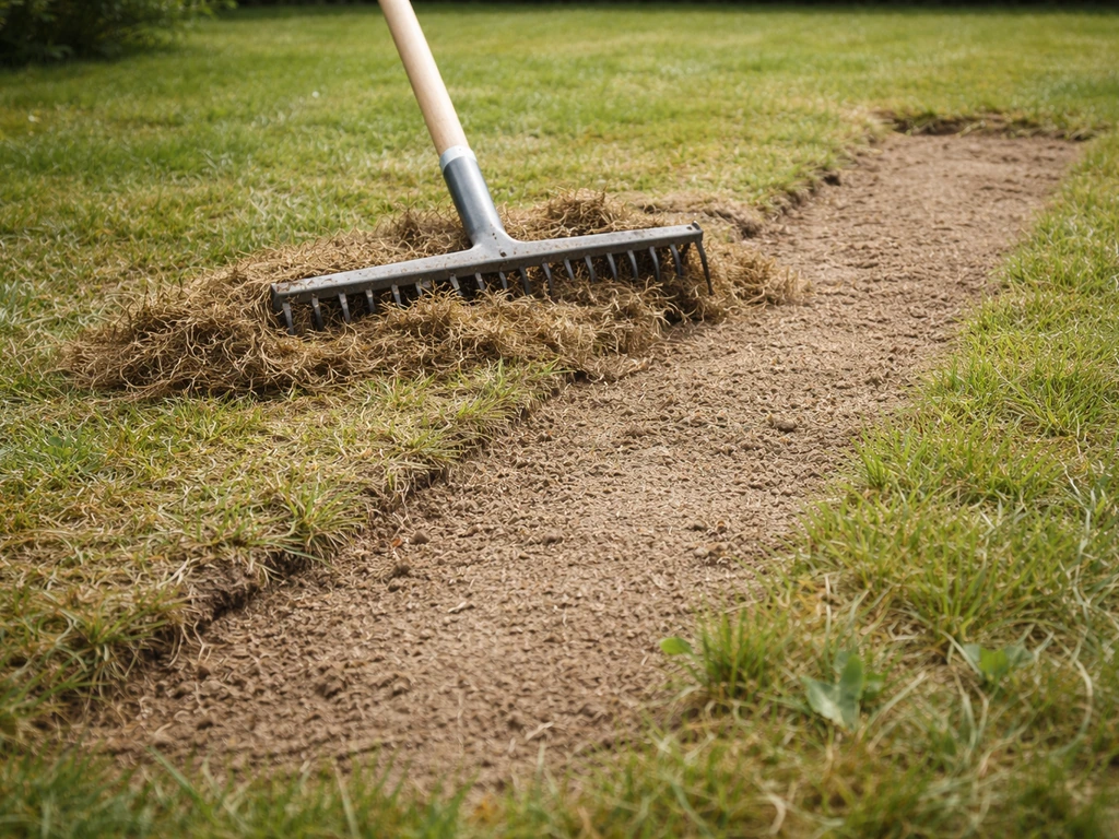 Verticuteren op een gazon: afgenomen viltlaag en kale grond, daarna herstel zichtbaar.