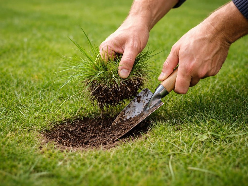 Handen die een pol vreemd gras uit steken en een open kuiltje voorbereiden voor bijzaaien in een gazon