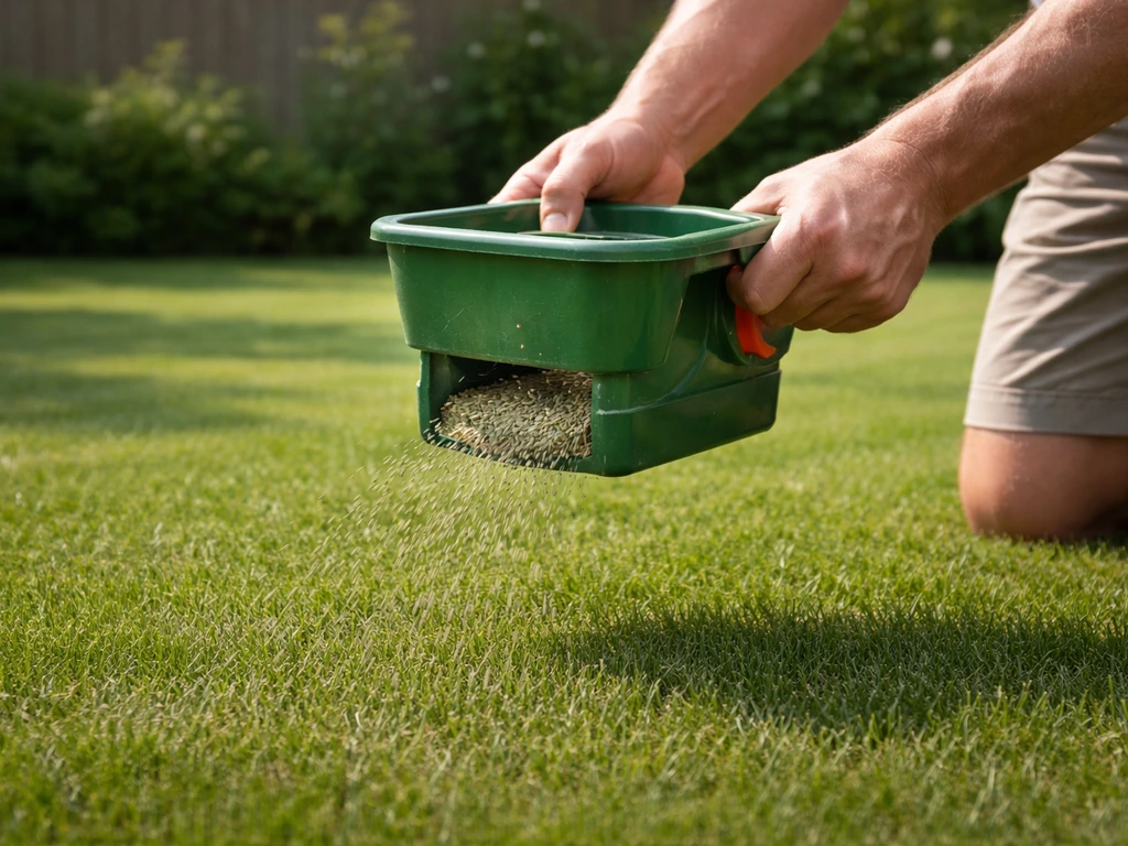 Hand strooit graszaad op een kortgemaaid gazon, met gelijkmatige inwerkactie in een rustige tuin