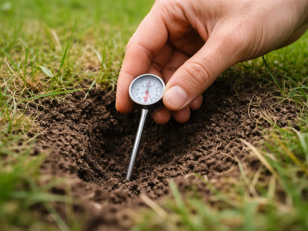 Close-up van het meten van bodemtemperatuur in gazongrond met een bodemthermometer.