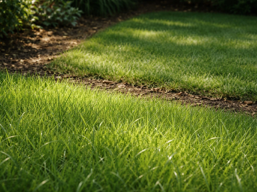 Detail van twee graszones: dicht groen gras in de zon en zachter gras in schaduw.