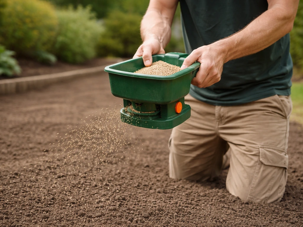 Persoon strooit graszaad gelijkmatig met een handstrooier op voorbereide grond voor een nieuw gazon.