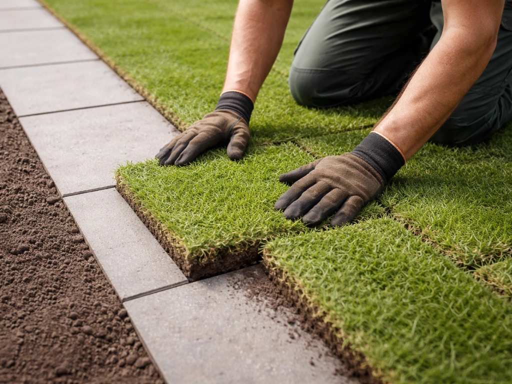 Anoniem persoon legt graszoden langs een rechte tuinrand; de zoden sluiten strak op elkaar aan.