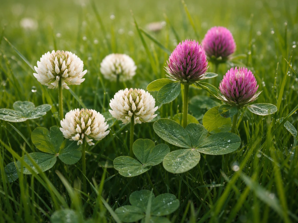 Close-up van witte en rode klaver in een Nederlands gazon, met frisse groene blaadjes en kleine bloemen