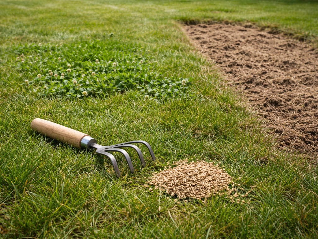 Gazon met klaver en losgemaakte toplaag, met handhark en graszaad op de grond voor aanpak-stappen.