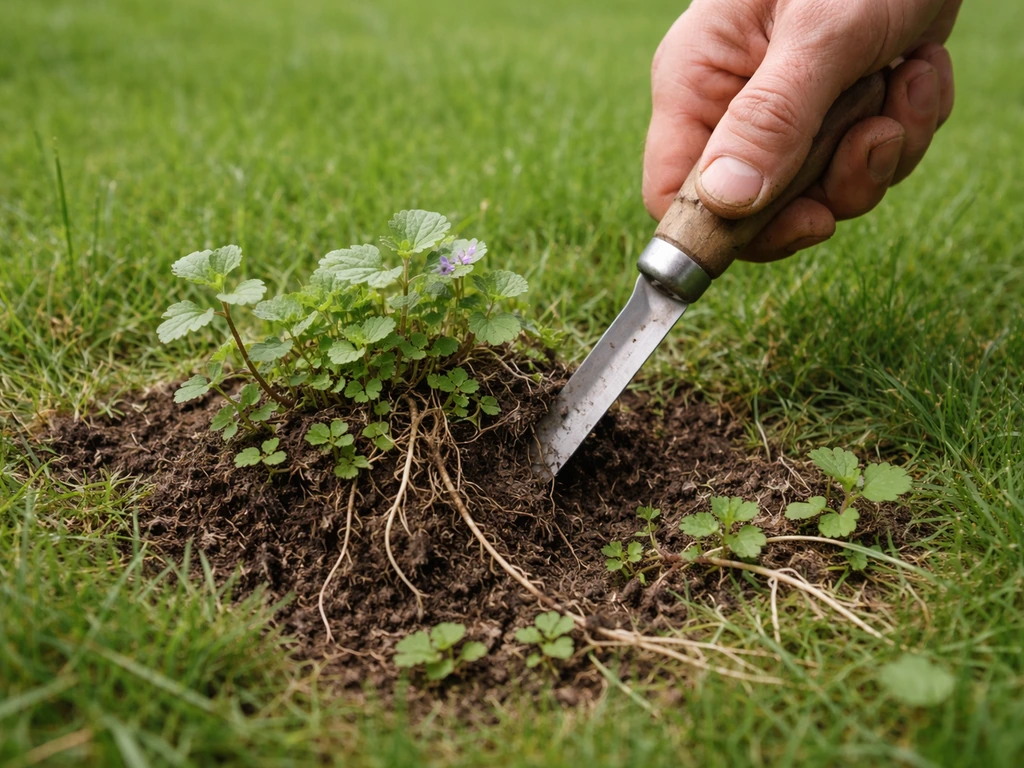 Anonieme hand gebruikt onkruidsteker om hondsdraf uit te graven; grond en stoloonresten zichtbaar in het gazon.
