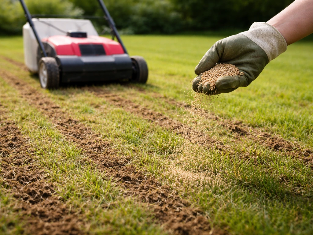 Beluchten en doorzaaien van een gazon: verticuteersporen met zaad dat wordt uitgestrooid.