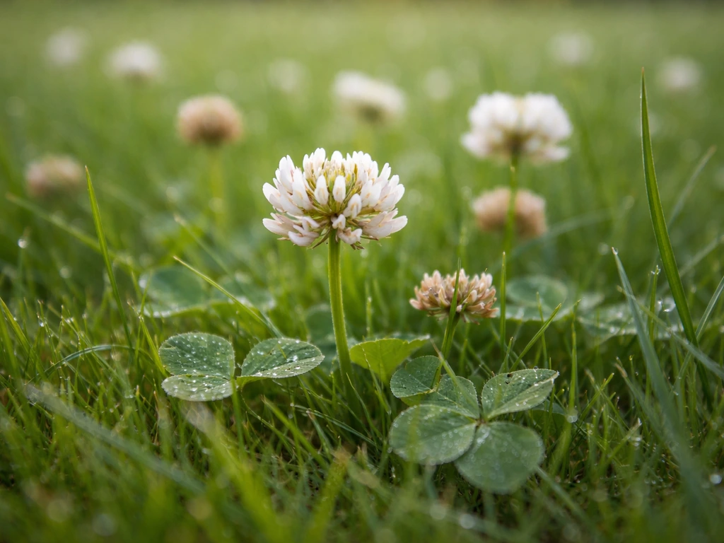 Witte bloeiende klaver tussen het gras in een Nederlands gazon, close-up, natuur en detail.