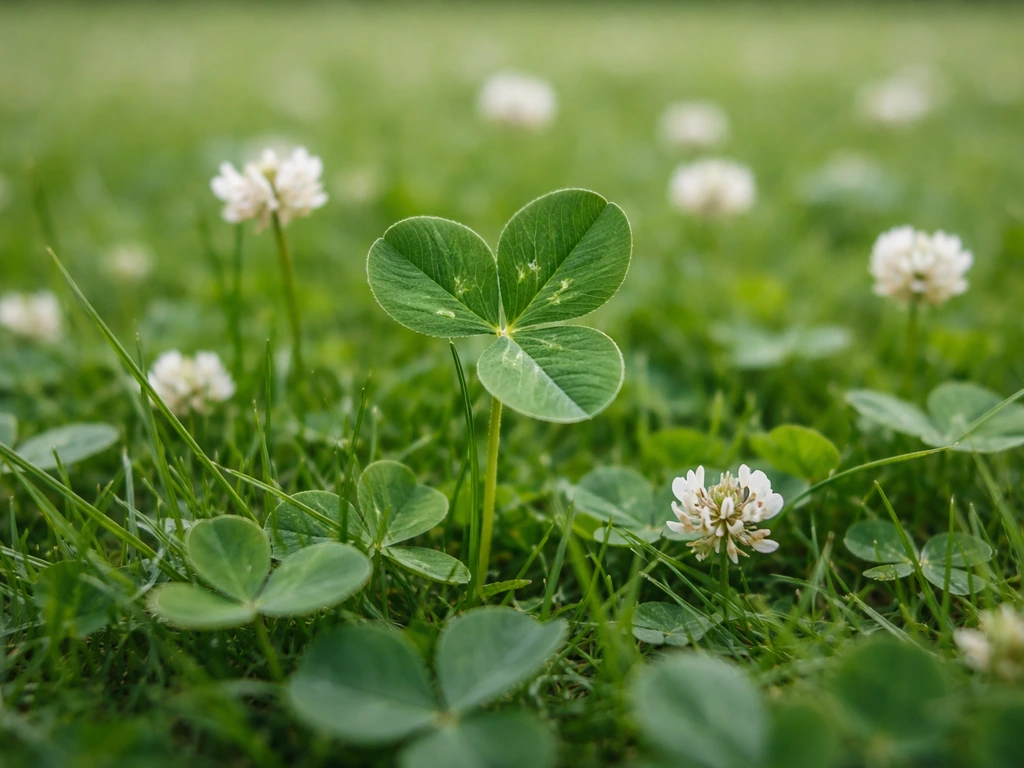 Detail van witte klaver in een gazon met drie ronde blaadjes en kleine witte bloemetjes tussen het gras.
