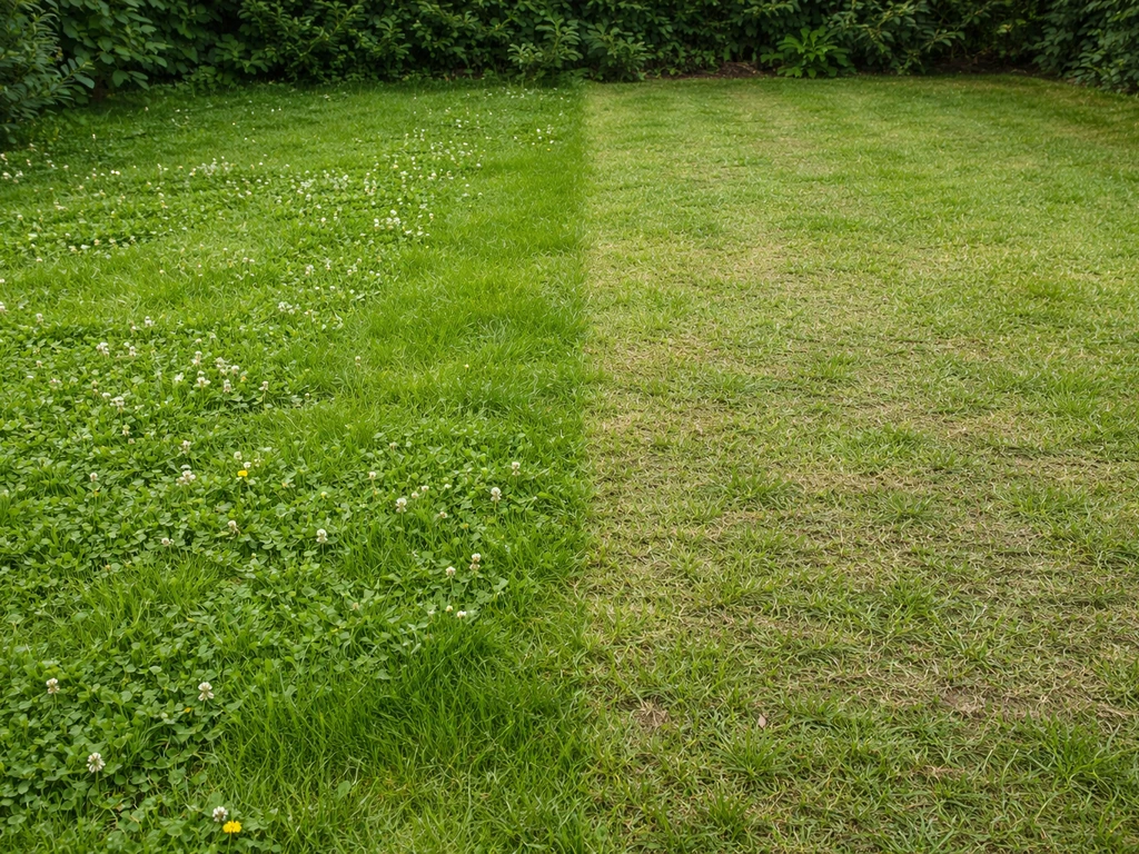 Twee naast elkaar liggende delen van een gazon: klaver met bloemen en een ruw, geharkt stuk gras