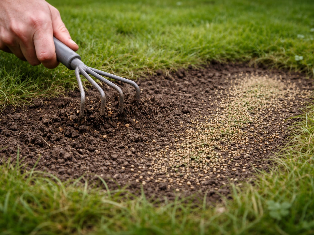 Close-up van het opkrabben van kale plekken in het gazon en direct doorzaaien met graszaad en klaver.