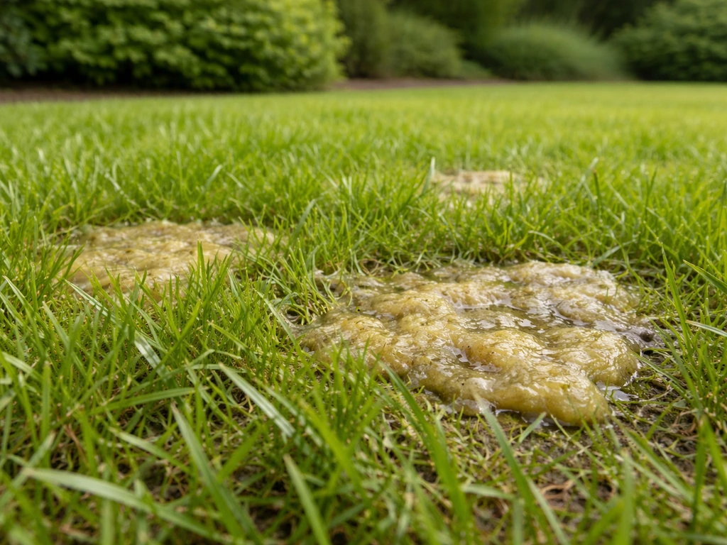 Close-up van een Nederlands gazon met slijmerige, plakkerige slijmschimmelplekken tussen het gras.