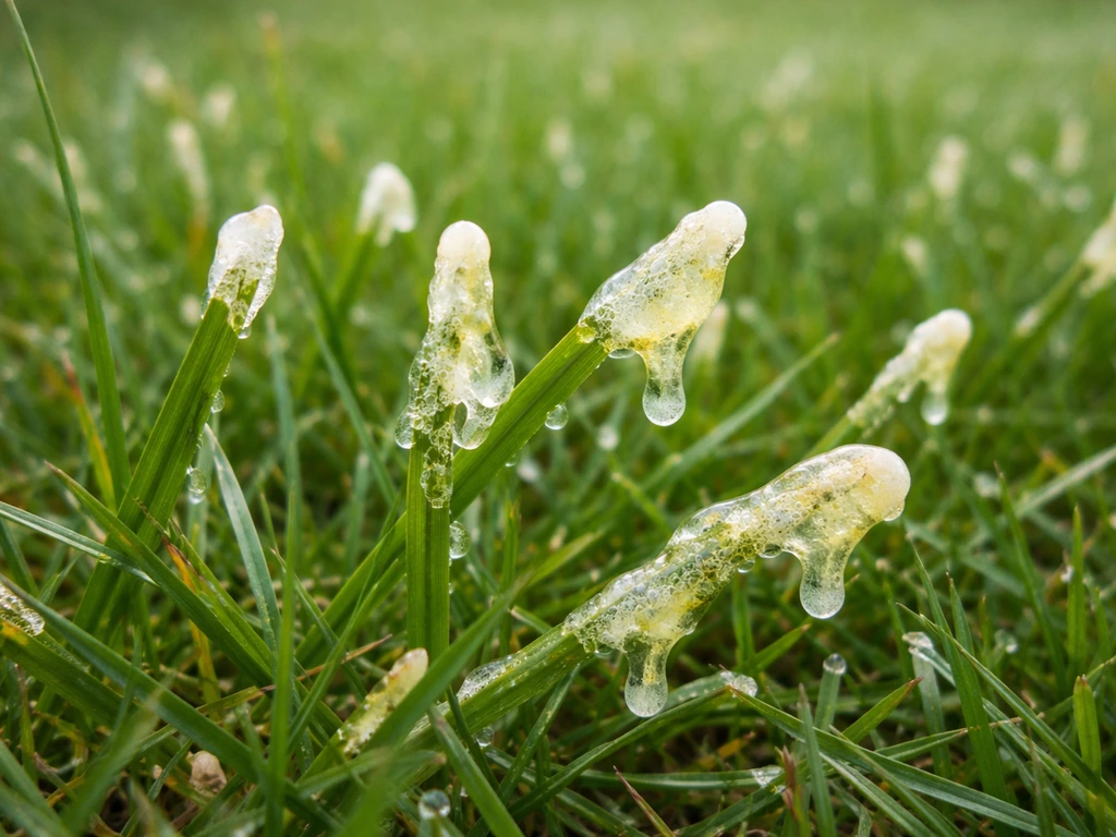Close-up van slijmerige gelige/witte massa op grassprieten, die op slijmschimmel in het gazon wijst.