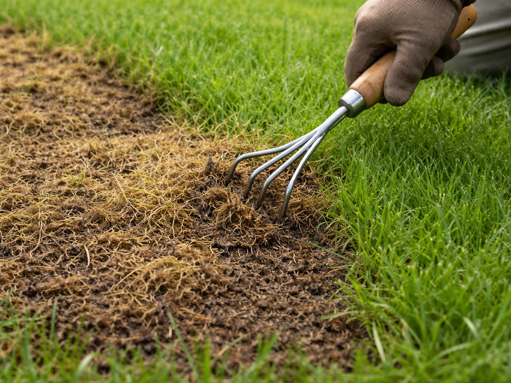 Gazon in herstel: afgestorven geel-bruin gras wegharken, naast direct nieuw groen.