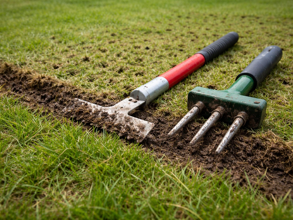 Verticuteermes en beluchtingsgereedschap op een nat gazon, met zichtbare grondprikgaten en viltlaag