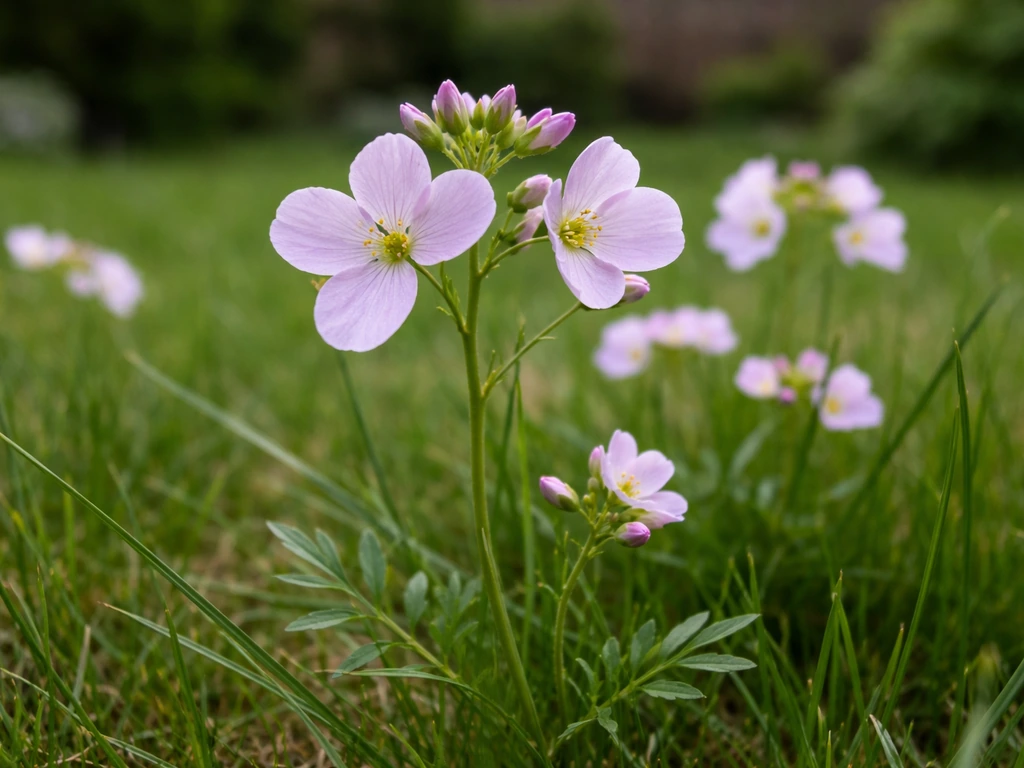 Lila pinksterbloemen tussen kort gras in een Nederlands gazon, duidelijk in bloei en met zichtbare bladstructuur.