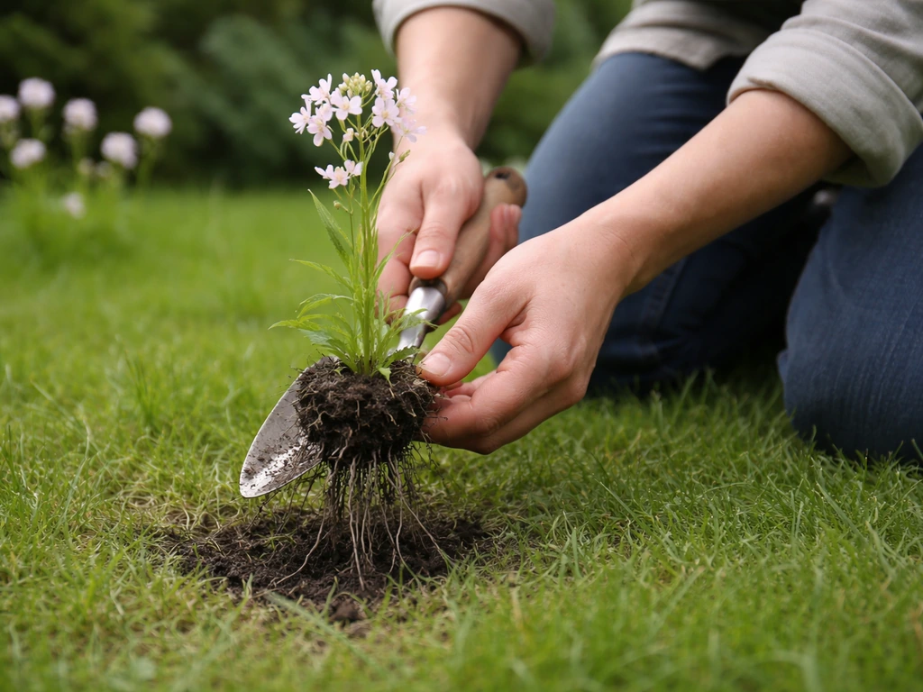 Handmatig pinksterbloem uitsteken met schopje; onkruidstekker in grasveld voor wortelverwijdering