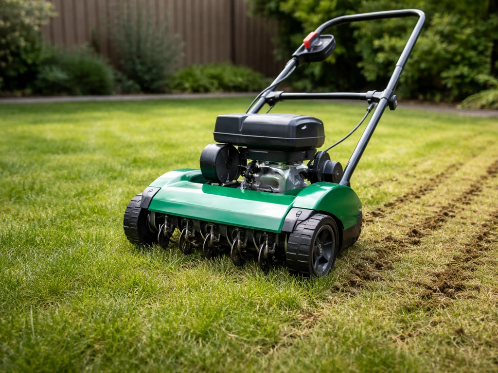 Beluchtingsmachine prikt in een verdichte, dichte grasmat in de tuin, met ondiepe gaten in het gazon.