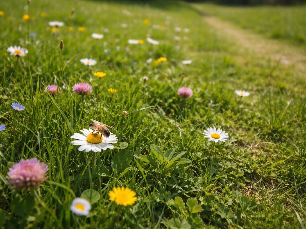 Zonnig gazon met kleine bloemen en een bij tussen het gras, met een gemaaide rand als subtiele valkuil.