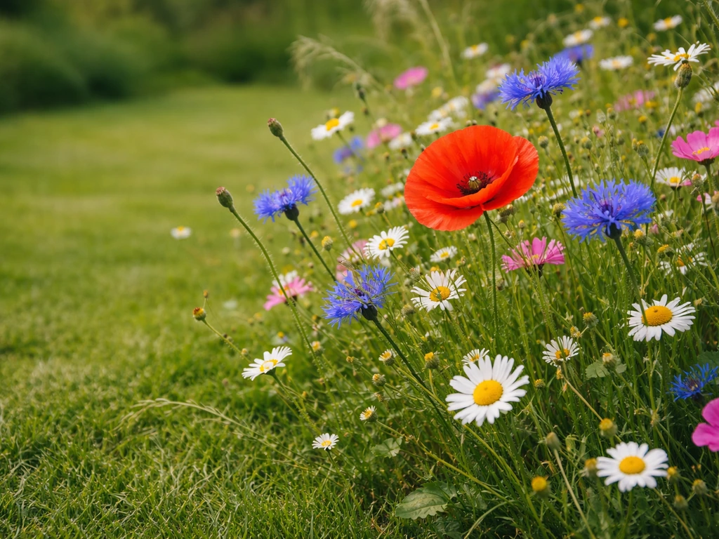 Wilde bloemenmix in bloei naast het gazon met klaproos, korenbloem, kamille en madeliefje, natuurlijke tuinlook.