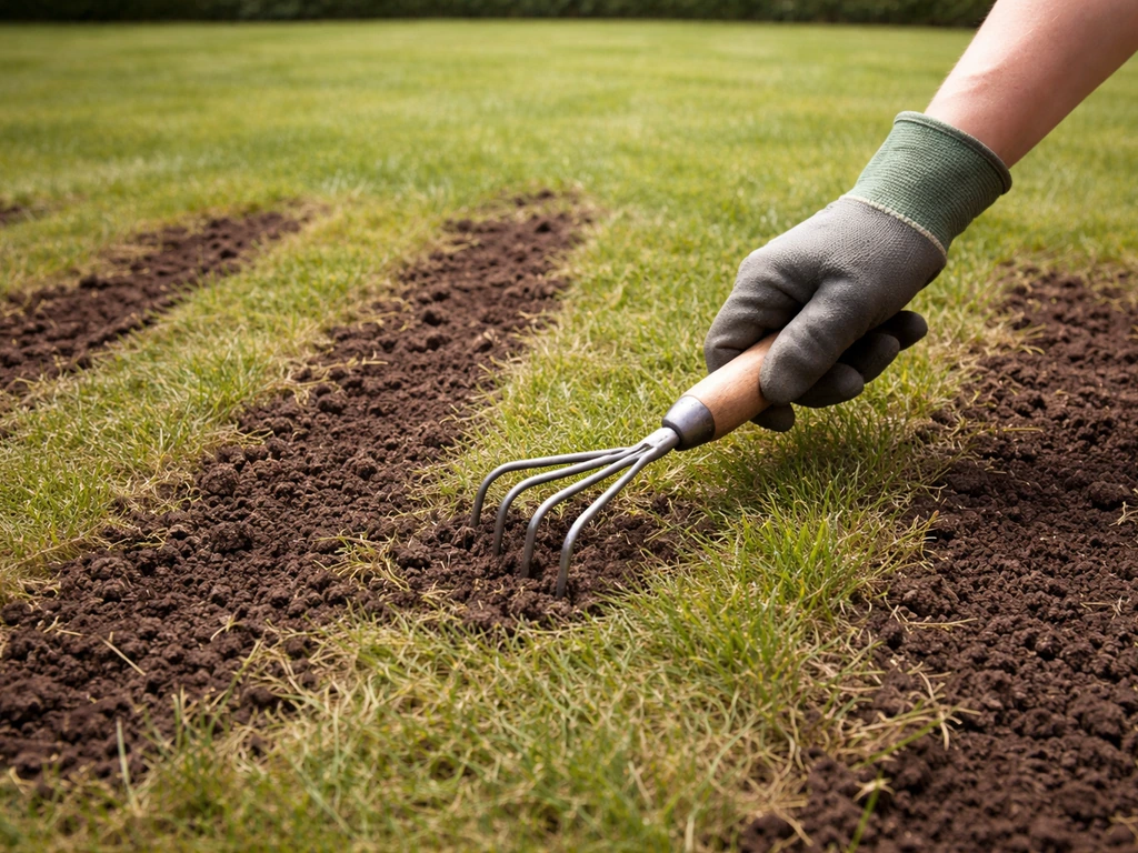 Tuinier in een rustig gazon met opengekrabde stroken en losgemaakte aarde klaar om te zaaien.