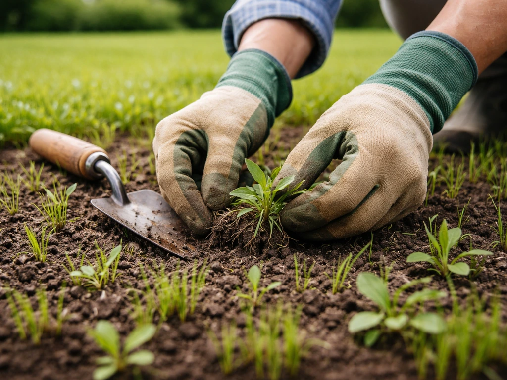 Handen met tuinhandschoenen die onkruid uittrekken tussen jonge gazonzaailingen, met verzorgd gazon op de achtergrond.